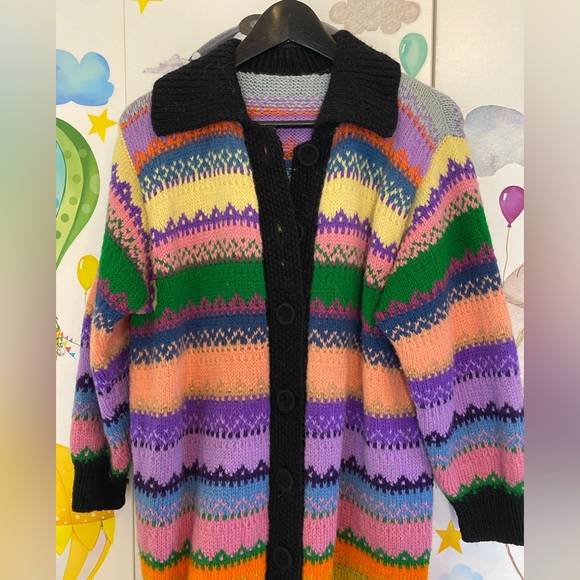 Vintage handmade sweater coat rainbow L - Picture 2 of 13